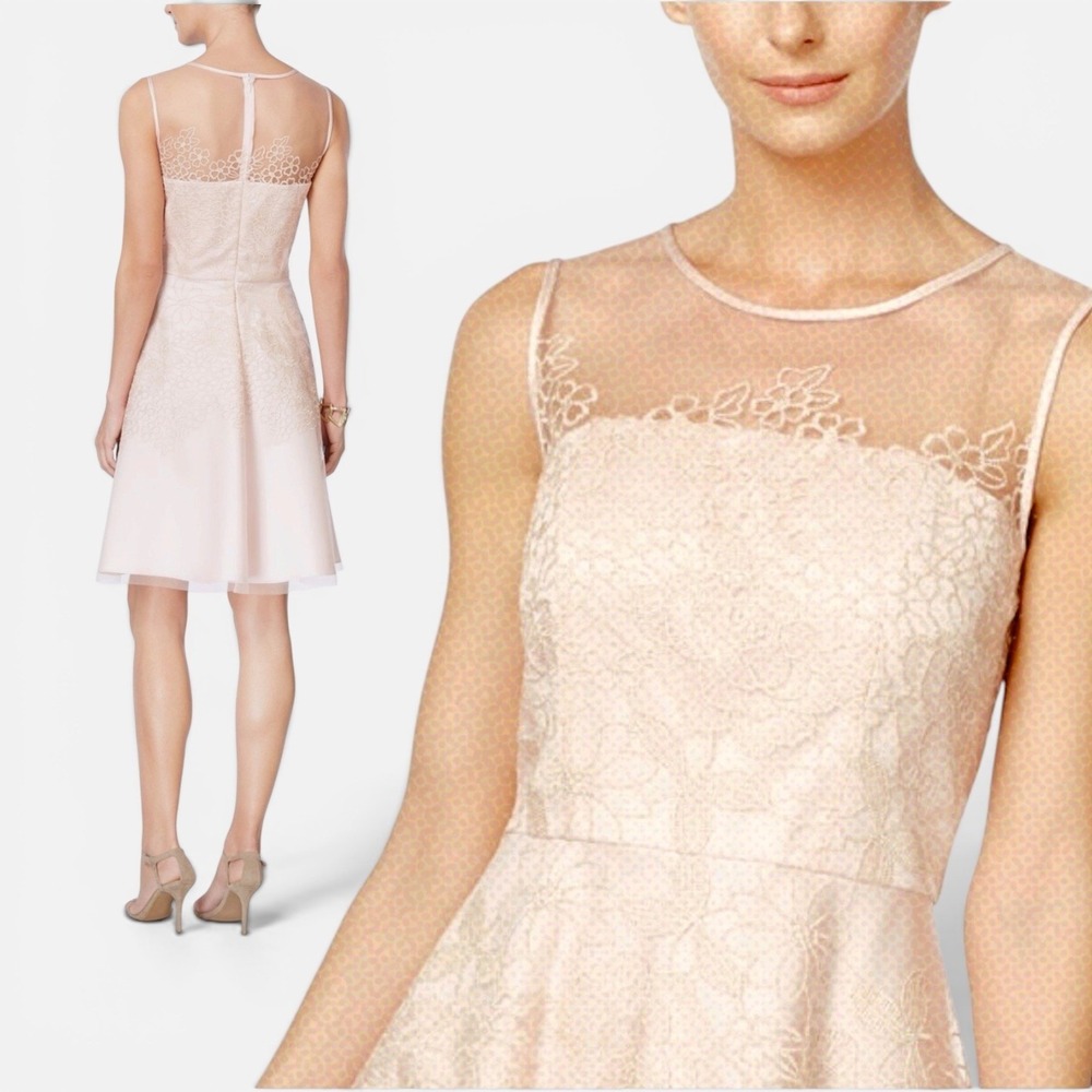 TAHARI ASL Blush Lace Illusion Sleeveless Fit & Flare‎ Cocktail Dress, Size 16